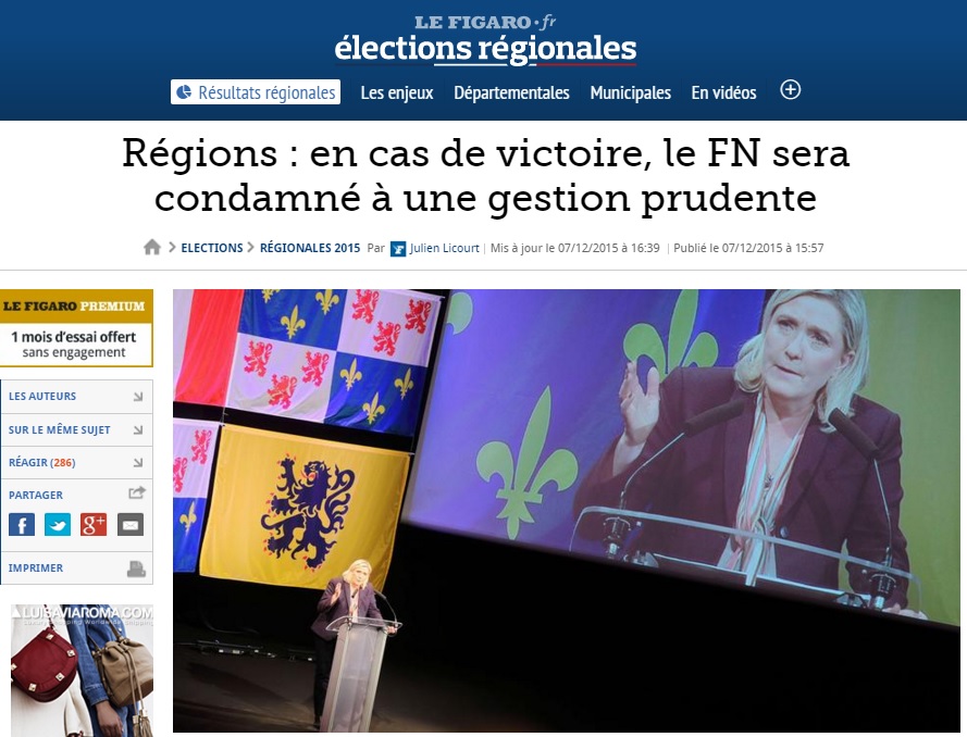 극우정당 국민전선(FN)의 지방선거 돌풍을 다루는 프랑스 일간지 <르 피가로> 갈무리.