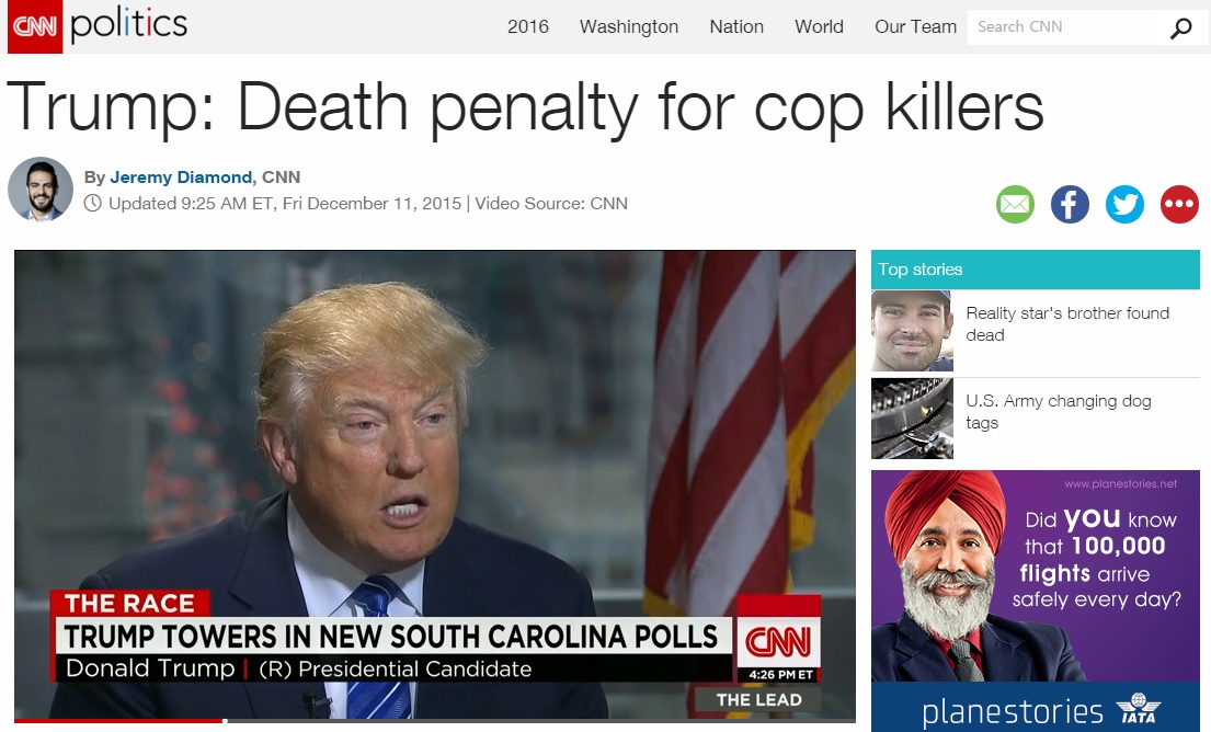도널드 트럼프의 '경찰 살해범 사형' 공약을 보도하는 CNN 뉴스 갈무리.