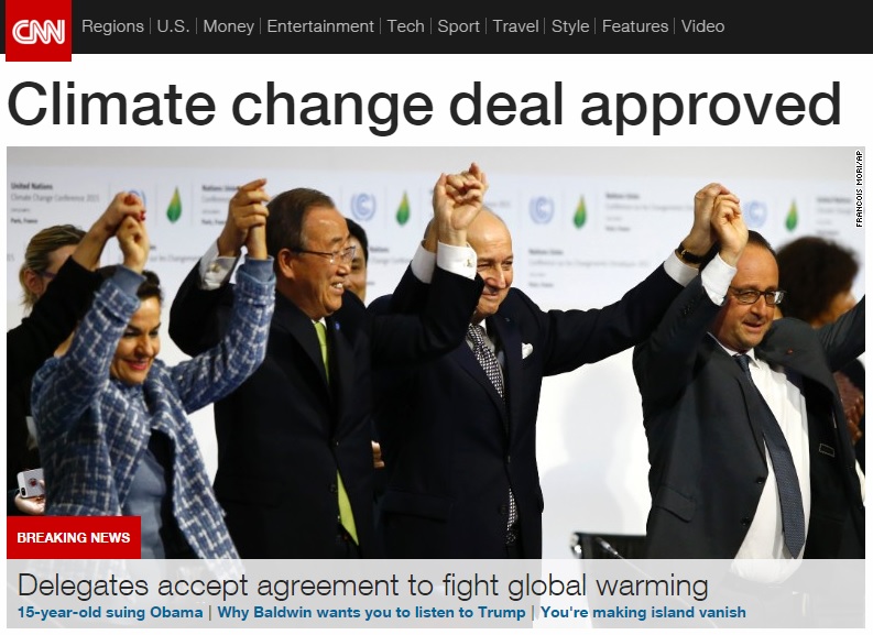 유엔 기후변화협약 당사국총회(COP21)의 새 합의문 타결을 보도하는 CNN 뉴스 갈무리.
