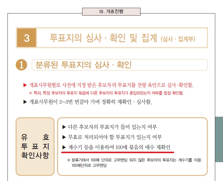 18대 대선 개표매뉴얼 대선 개표매뉴얼에도 계수기는 계수하는 용도 이외 사용하지 않도록 규정했다. 