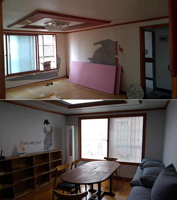 서울시가 동작구 신대방동의 빈집 다세대빌라를 개조해 만든 셰어하우스의 리모델링 전과 후 모습. 