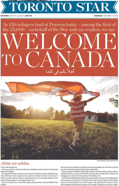 지난 10일 캐나다에 도착한 시리아 난민 1진을 환영하는 <토론토 스타>의 1면 사설 갈무리