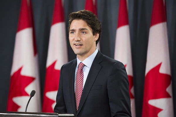 쥐스탱 트뤼도 캐나다 총리가 지난 10월 20일 기자회견을 하고 있다. 
