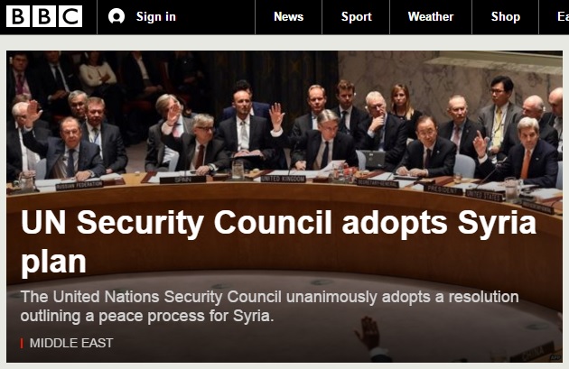 유엔 안전보장이사회(안보리)의 시리아의 평화 정착 결의안 채택을 보도하는 BBC 뉴스 갈무리.