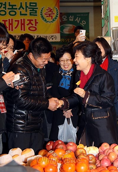 2012년 11월 13일, 박근혜 당시 새누리당 대선후보가 대전광역시 유성구 노은농수산물도매시장에서 상인들과 이야기를 나누고 있다.