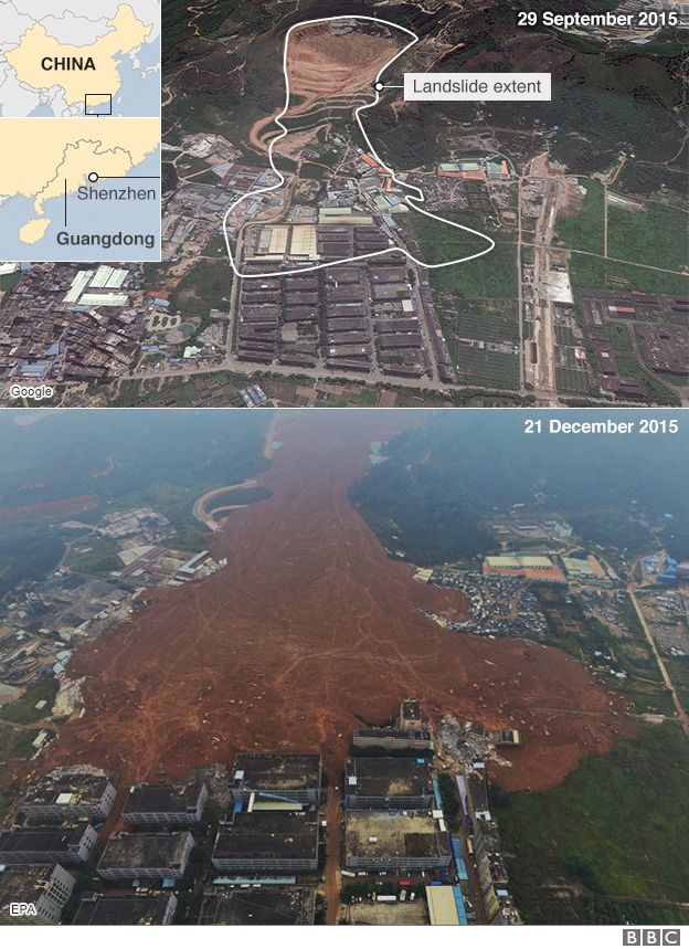 중국 광둥성 선전시 산사태 발생 전후를 비교한 BBC 뉴스 갈무리.