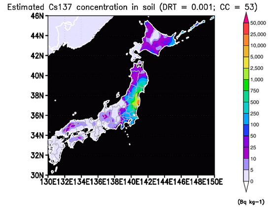 미국국립과학원회보(PNAS)에 실린 일본의 방사능 오염지도.