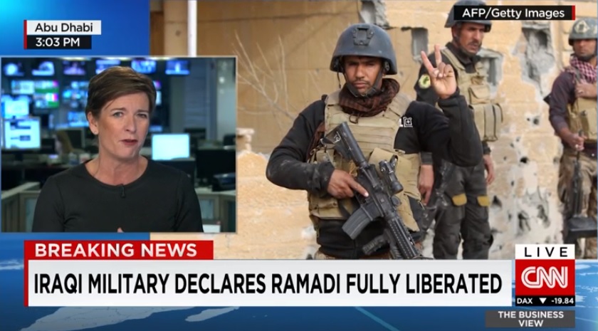 이라크 정부군의 라마디 탈환을 보도하는 CNN 뉴스 갈무리.