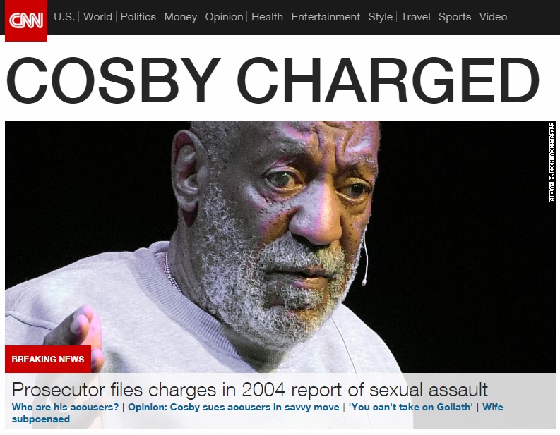 빌 코스비의 성폭행 혐의 기소를 보도하는 CNN 뉴스 갈무리.