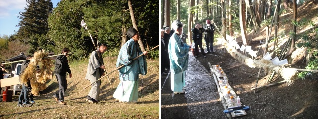              모리시리 마을 사람들이 제물을 들고 산신단이 있는 산 입구에 가서 산신제를 지내고 있습니다. 