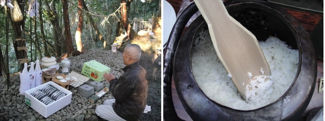            마을 사람이 산신단 앞에서 복을 기원하고 있습니다. 밥을 비롯한 제물을 모두 남자들이 직접 짓습니다. 이 밥은 특별히 주전자에 쌀과 물을 담아서 장작불로 지었습니다. 