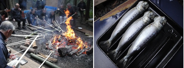            마을 사람들이 음복으로 제물로 사용했던 모치 떡과 정어리를 불에 구워서 먹고 있습니다. 
