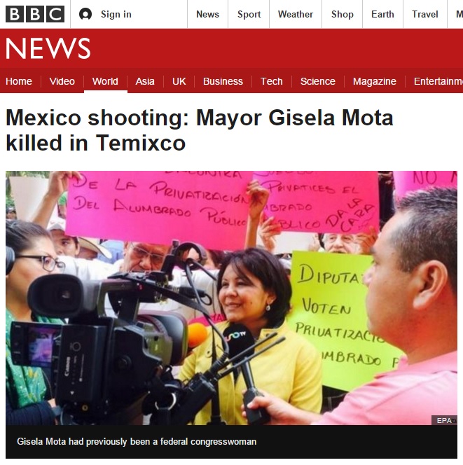 멕시코  테믹스코의 기셀라 모타 시장 피살 사건을 보도하는 BBC 뉴스 갈무리.
