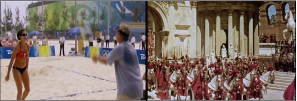  (좌) 해변에서 미녀와 공놀이 하는 부시. (우) 로마 제국을 배경으로 한 픽션 영화의 한 장면.
