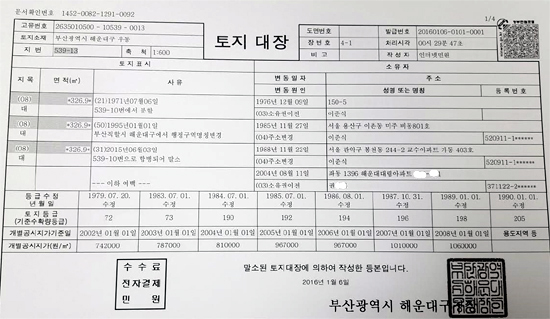 이준식 후보자가 사들였다가 판 부산 해운대구 우동 토지대장.