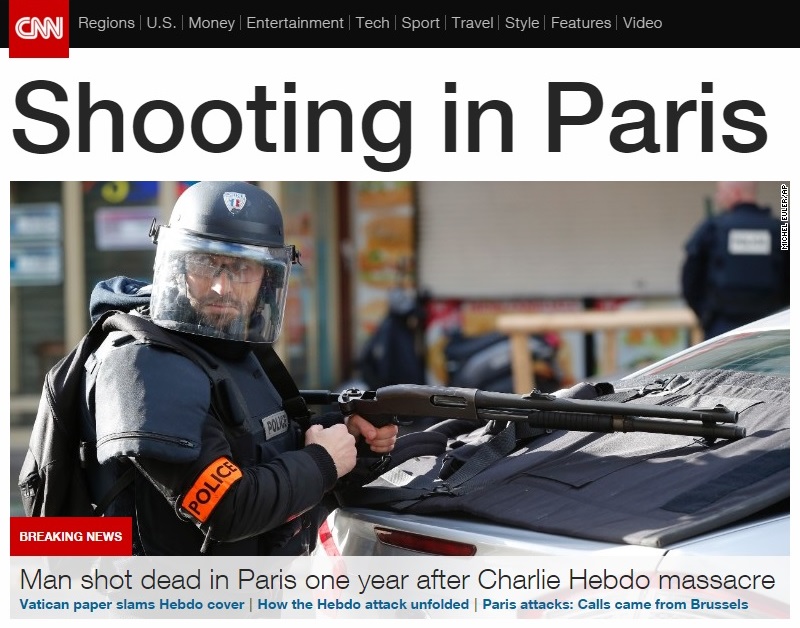 프랑스 파리에서 발생한 괴한의 테러 사건을 보도하는 CNN 뉴스 갈무리.
