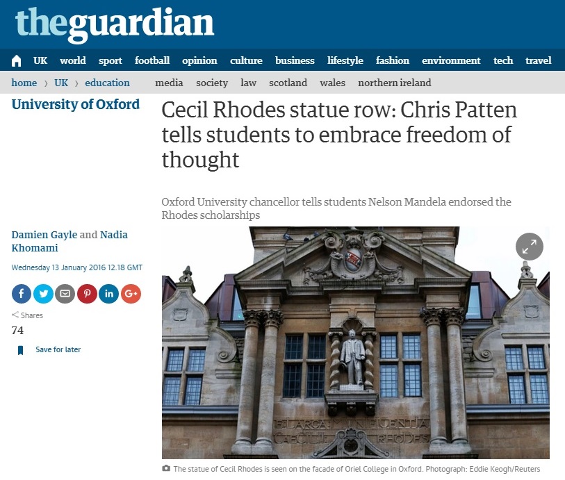 영국 옥스퍼드대학의 세실 로즈 동상 철거 논란을 보도하는 <가디언> 갈무리.