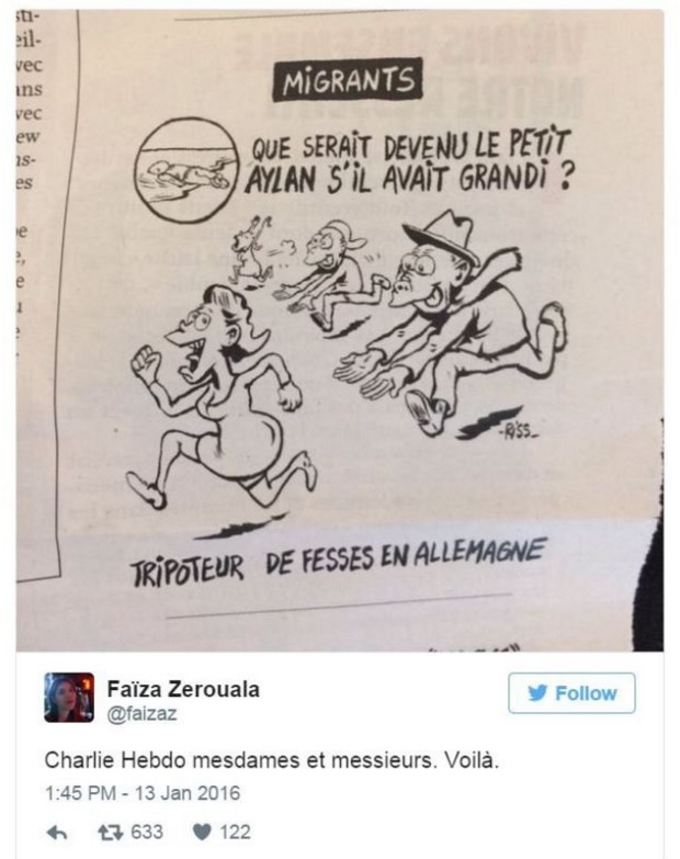 시리아 난민 꼬마 아일란 쿠르디를 조롱한 <샤를리 에브도> 최신호 만평을 비난하는 트위터 갈무리.