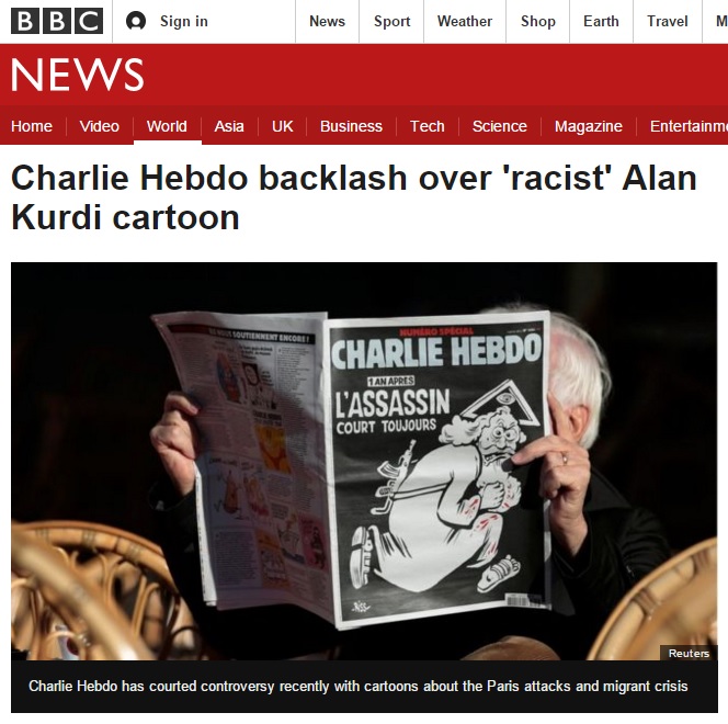 <샤를리 에브도> 최신호 만평의 논란을 보도하는 영국 BBC 뉴스 갈무리.