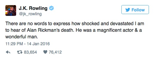  알란 릭맨의 부고가 전해지자 <해리포터> 시리즈의 원작자인 J.K. 롤링이 남긴 트윗