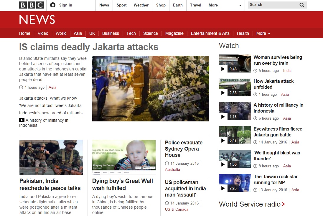 인도네시아 자카르타에서 발생한 연쇄 폭탄 테러를 보도하는 BBC 뉴스 갈무리.