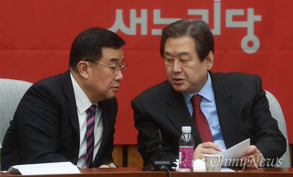 새누리당 김무성 대표와 김정훈 정책위의장이 15일 오전 서울 여의도 국회에서 열린 주요당직자회의에 참석해 이야기를 나누고 있다.