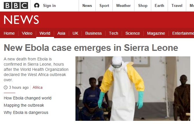 시에라리온의 에볼라 신규 발병을 보도하는 BBC 뉴스 갈무리.