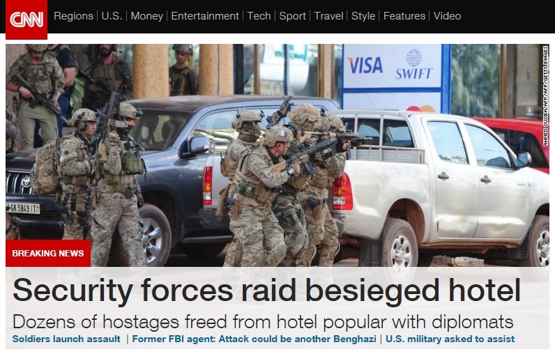 부르키나파소의 호텔에서 발생한 알카에다의 인질극을 보도하는 CNN 뉴스 갈무리.