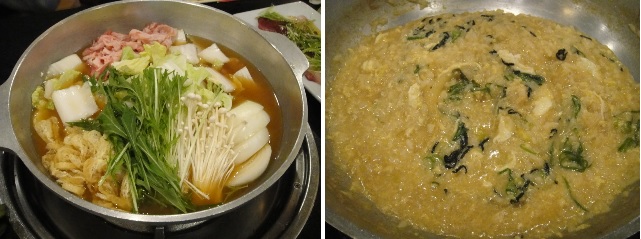 　　　　교토 남쪽 모모지로 식당에서 맛 본 찌개와  국물에 밥을 만 모습입니다. 찌개 위에 놓은 푸른 푸성귀는 미즈나(水菜)입니다. 교토 사람들이 겨울에 많이 먹습니다. 
