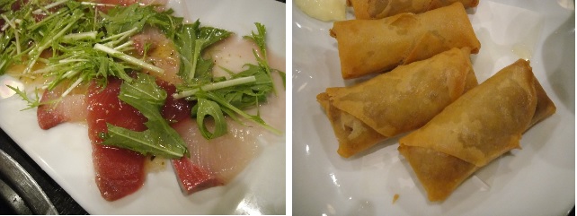 　　　　일본 식당에서는 생선회가 빠지지 않습니다. 참치와 방어 회 위에 미즈나와 신맛이 나는 소스를 얹었습니다. 오른 쪽 사진은 하루마키입니다. 냉면을 밀점병에 싸서 기름에 튀겼습니다. 하루마키는 중국에서 시작된 먹거리입니다.