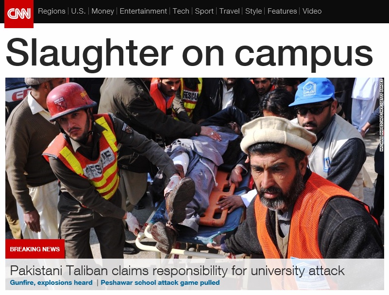 파키스탄 탈레반의 대학 캠퍼스 테러 공격을 보도하는 CNN 뉴스 갈무리.