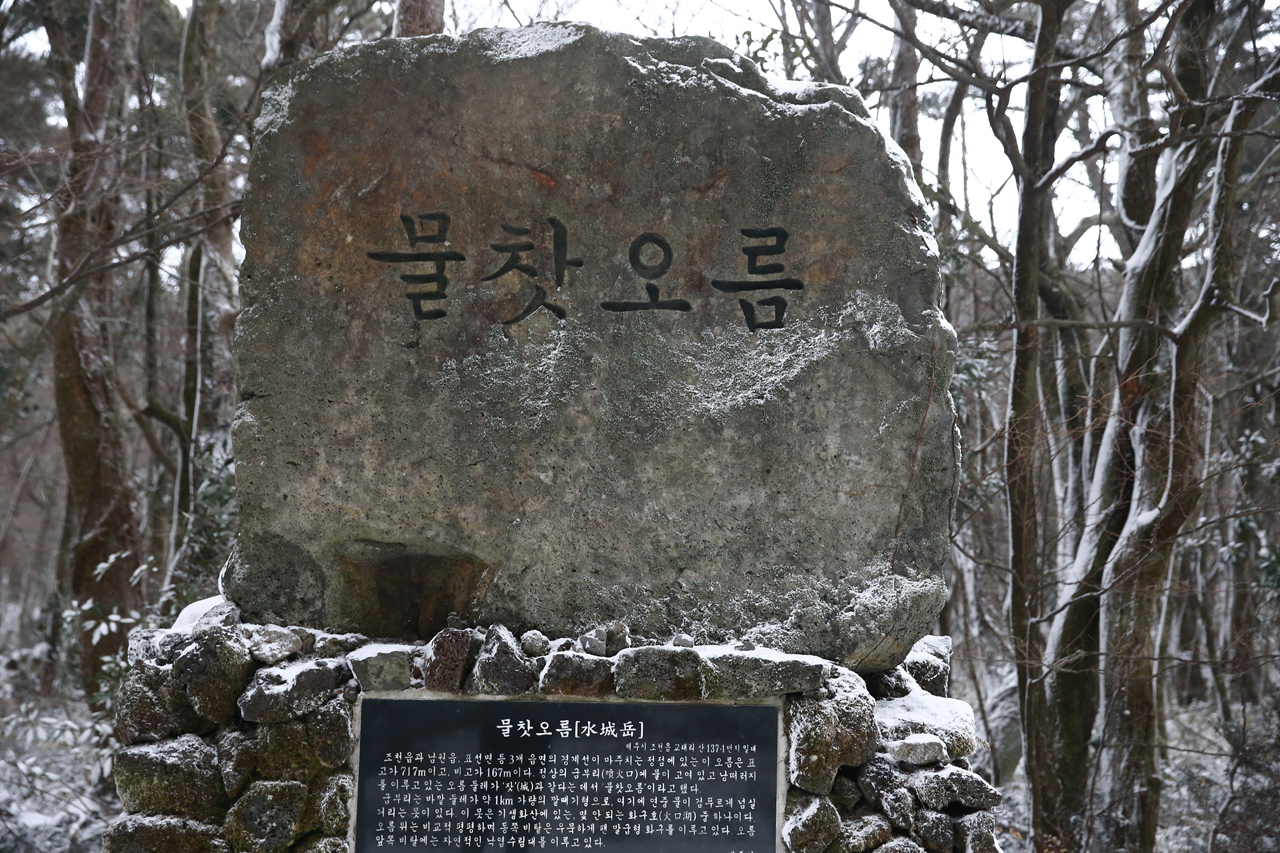 물찻오름입구 물찻오름은 2018년까지 휴식년에 들어갔다. 이름 그대로 오름 분화구에 물이 가득차 있어 진풍경이다.