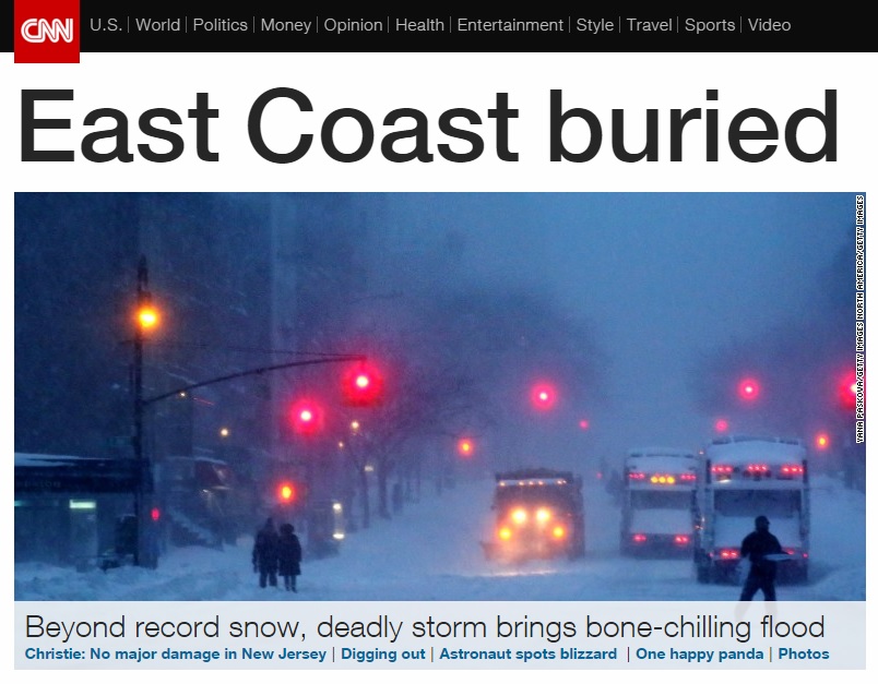 미국 동북부에 몰아친 눈폭풍 사태를 보도하는 CNN 뉴스 갈무리.