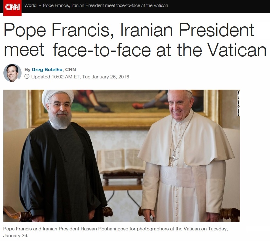 프란치스코 교황과 하산 로하니 이란 대통령의 만남을 보도하는 CNN 뉴스 갈무리.