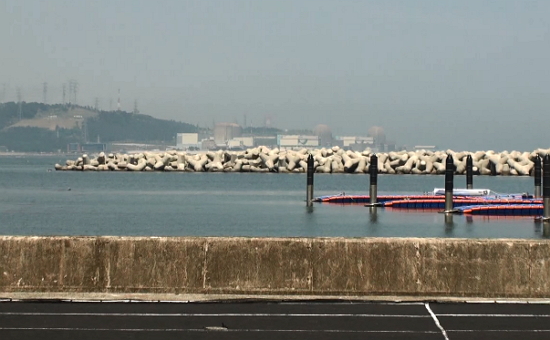  부산 기장군 고리 원전 앞바다. 해안가를 따라 이어진 미역, 다시마 건조대 뒤로 원전이 보인다. ⓒ 이문예