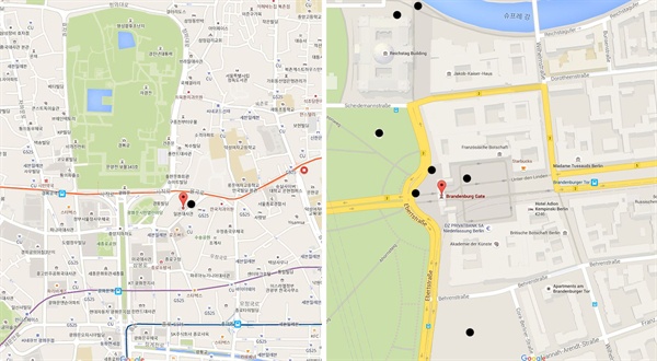 서울과 베를린의 중심부 반경 600m이내의 근현대 역사의 아픔을 다룬 기념비의 위치를 비교한 그림
