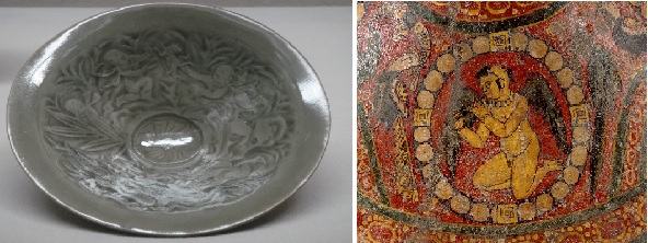             11세기 요주요에서 만들어진 청자인화유희무늬 대접과 실크로드 키질에서 발굴된 6 세기 사리 그릇 뚜껑에 새겨진 그림입니다. 아이를 그린 생각이 비슷한지 서로 영향관계가 있는지 궁금합니다.
