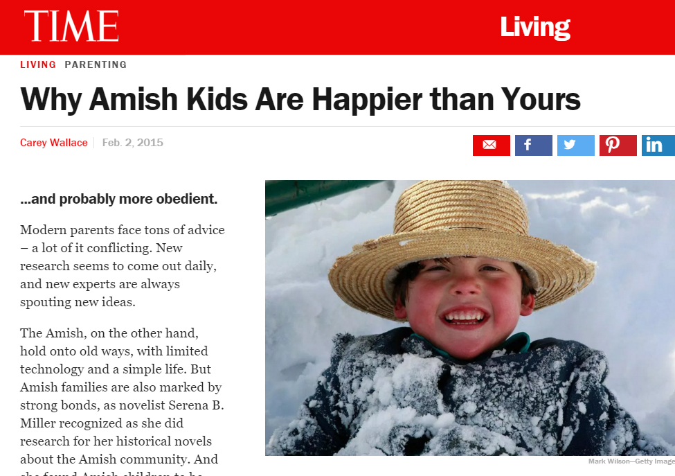 아미쉬는 최근 들어 미국 주류사회의 모델로도 부각되고 있다. 사진은 2015년 <타임>에 실린 "왜 아미쉬 아이들이 당신 아이보다 더 행복한가"라는 제목의 기사다. 