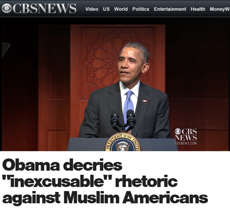 버락 오바마 대통령의 이슬람 사원 방문을 보도하는 CBS 뉴스 갈무리.