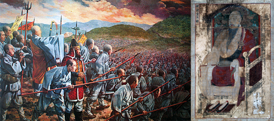 (왼쪽) 사명대사가 승군들을 이끌고 전투를 치르는 장면을 그린 기록화로, 대구 임란의병관 게시물이다. (오른쪽) 사명대사 초상으로, 동화사 성보박물관에 보관되어 있는 국가 보물이다. 