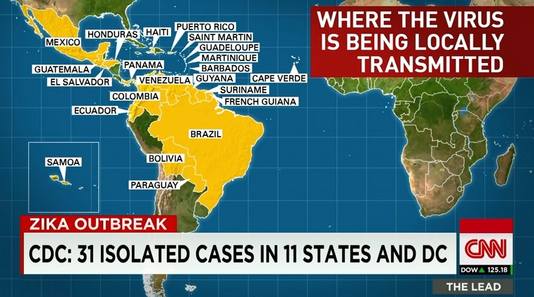중남미 지카 바이러스 확산을 보도하는 CNN 뉴스 갈무리.
