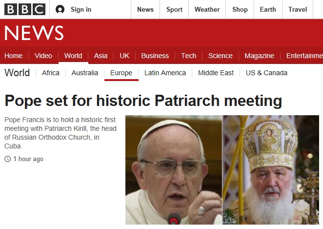 프란치스코 교황과 러시아 정교회 키릴 총대주교의 회동 성사를 보도하는 BBC 뉴스 갈무리.
