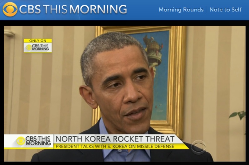 버락 오바마 대통령의 북한 미사일 도발과 한반도 사드 배치에 대한 CBS 인터뷰 갈무리.