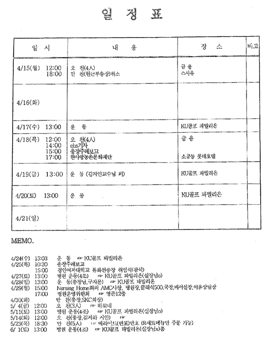 김경희 이사장의 2013년 4월 22일-28일까지의 주간 일정표. 세 번의 '운동'(골프)일정이 적시돼 있다.