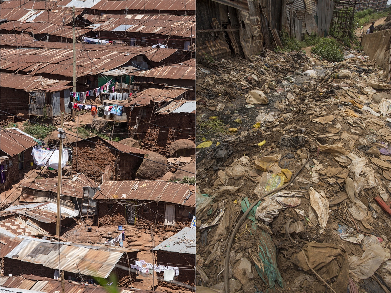  (왼쪽) 키베라 지구에는 양철로 지붕을 인 움막집들이 빽빽하게 들어서 있다. 이런 탓에 인구 집계가 쉽지 않다. (오른쪽) 키베라 지구 안의 모습. 하수구와 쓰레기로 온통 악취가 진동한다. 