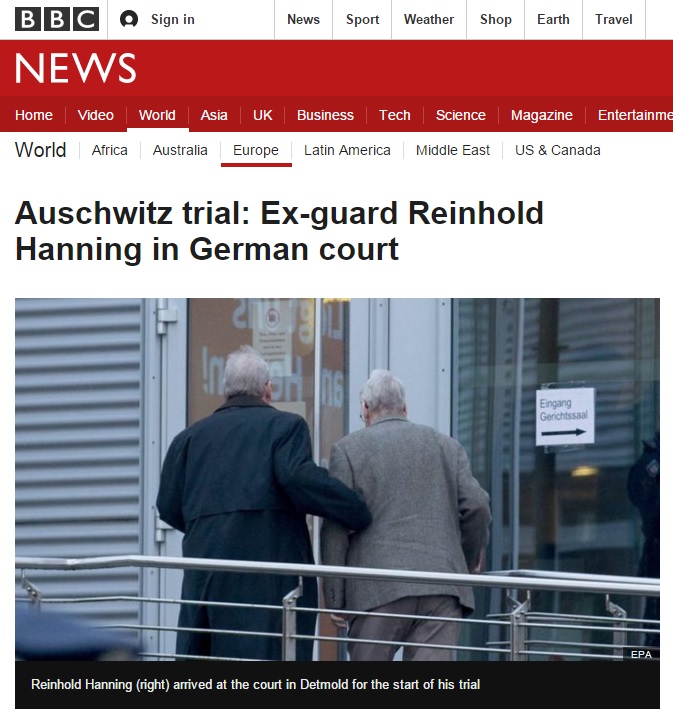 94세의 나치 친위대원 출신 라인홀트 한닝에 대한 독일 법원의 재판을 보도하는 BBC 뉴스 갈무리.