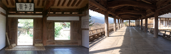 안동의 유성룡 유적으로, 보물 414호인 충효당의 마루(왼쪽)와 사적 260호인 병산서원의 만대루