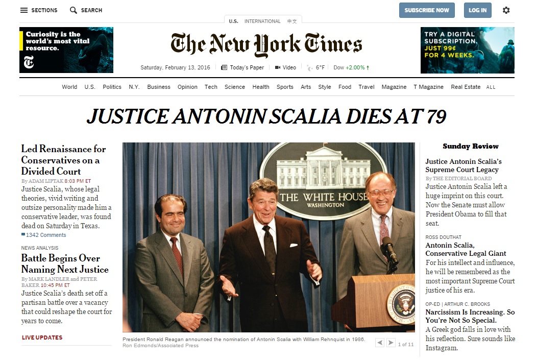 앤터닌 스캘리아 미국 연방 대법관의 타계를 보도하는 뉴욕타임스 인터넷판 갈무리.