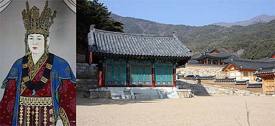 선덕여왕의 초상. 이 그림은 숭모전(오른쪽 사진) 안에 걸려 있다. 사진 오른쪽 상단에 팔공산 정상부가 보인다.