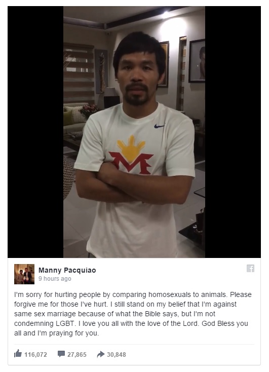 자신의 소셜미디어를 통해 동성애 비하 발언을 사과하는 매니 파퀴아오